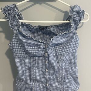 Brandy Melville Blue Gingham Ruffle Button-Front Top
